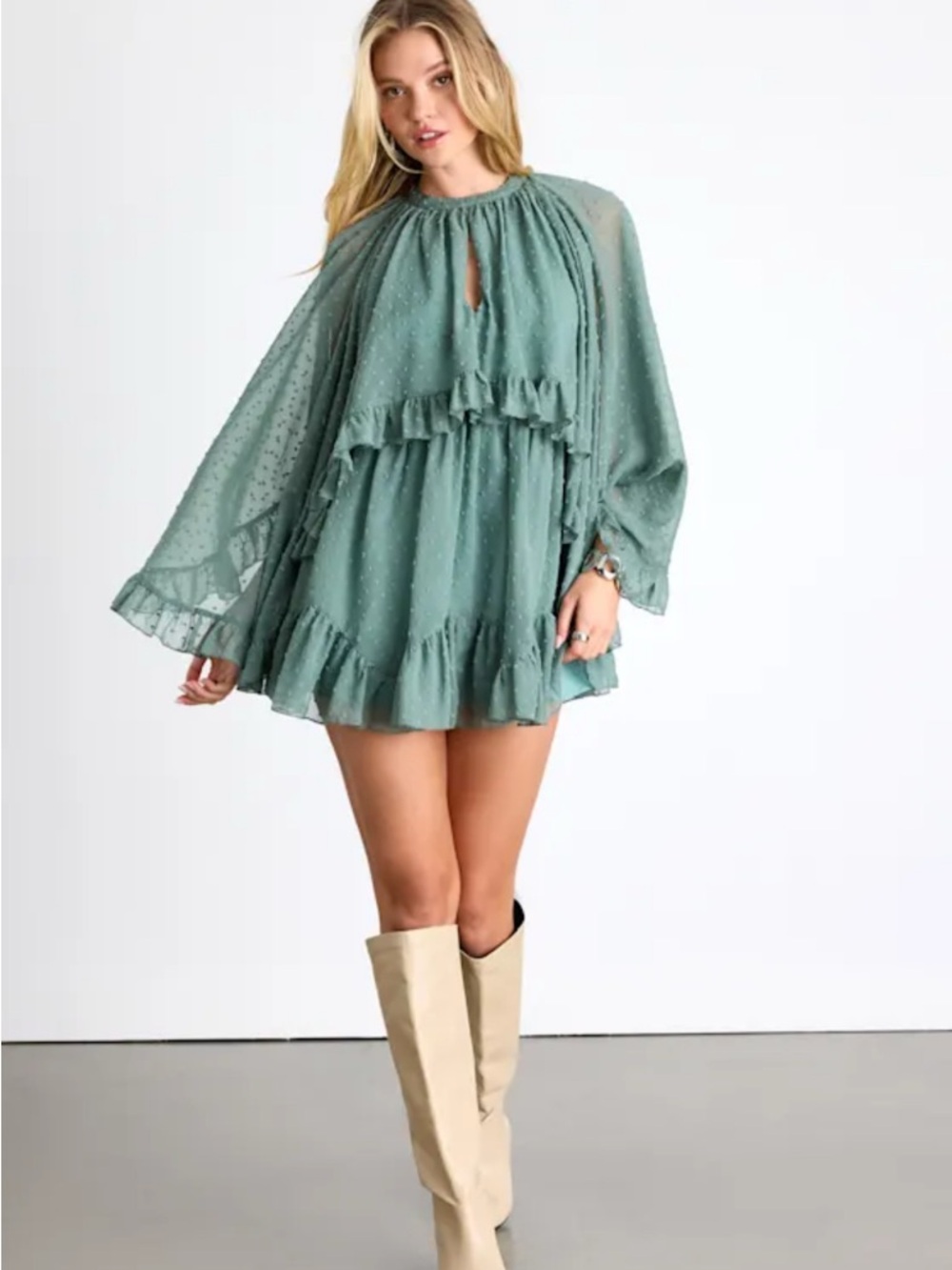 Lulu's Sage Green Ruffle Swiss Dot Mini Dress